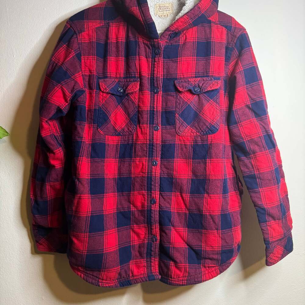 Boston Traders Women's Sherpa Lined Hooded Flannel Shirt Jacket Red Plaid